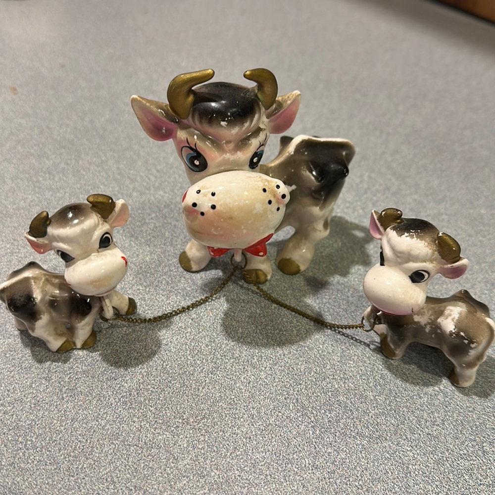 Vintage Japanese Animal Ceramic ANTHROPOMORPHIC cow Family Figurines